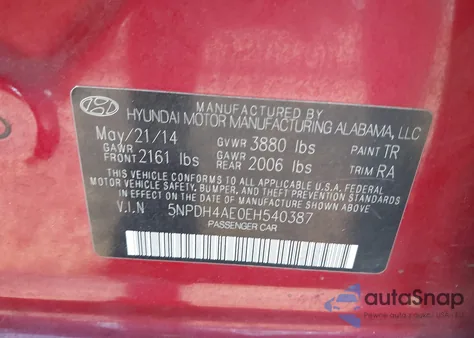 2014 Hyundai Elantra Se z USA, uszkodzony, nr VIN 5NPDH4AE0EH540387